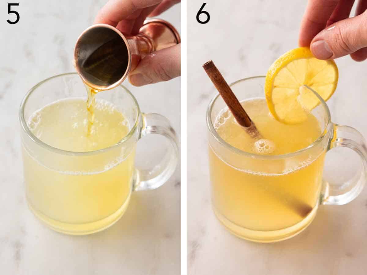 Set of two photos showing whisky added to the glass before garnished with cinnamon and lemon.