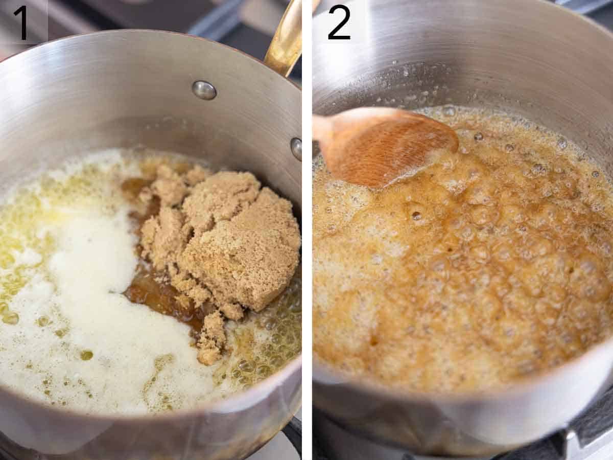 Set of two photos showing ingredients added to a pan and melted together.
