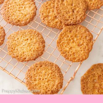 Pinterest graphic of multiple lace cookies on a cooling rack.