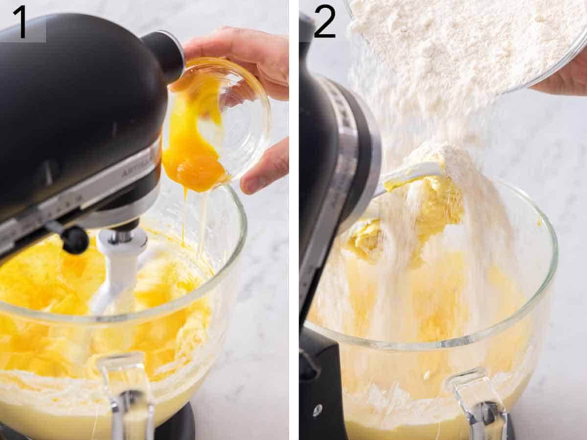 Set of two photos showing eggs added to a mixer and then dry ingredients added.