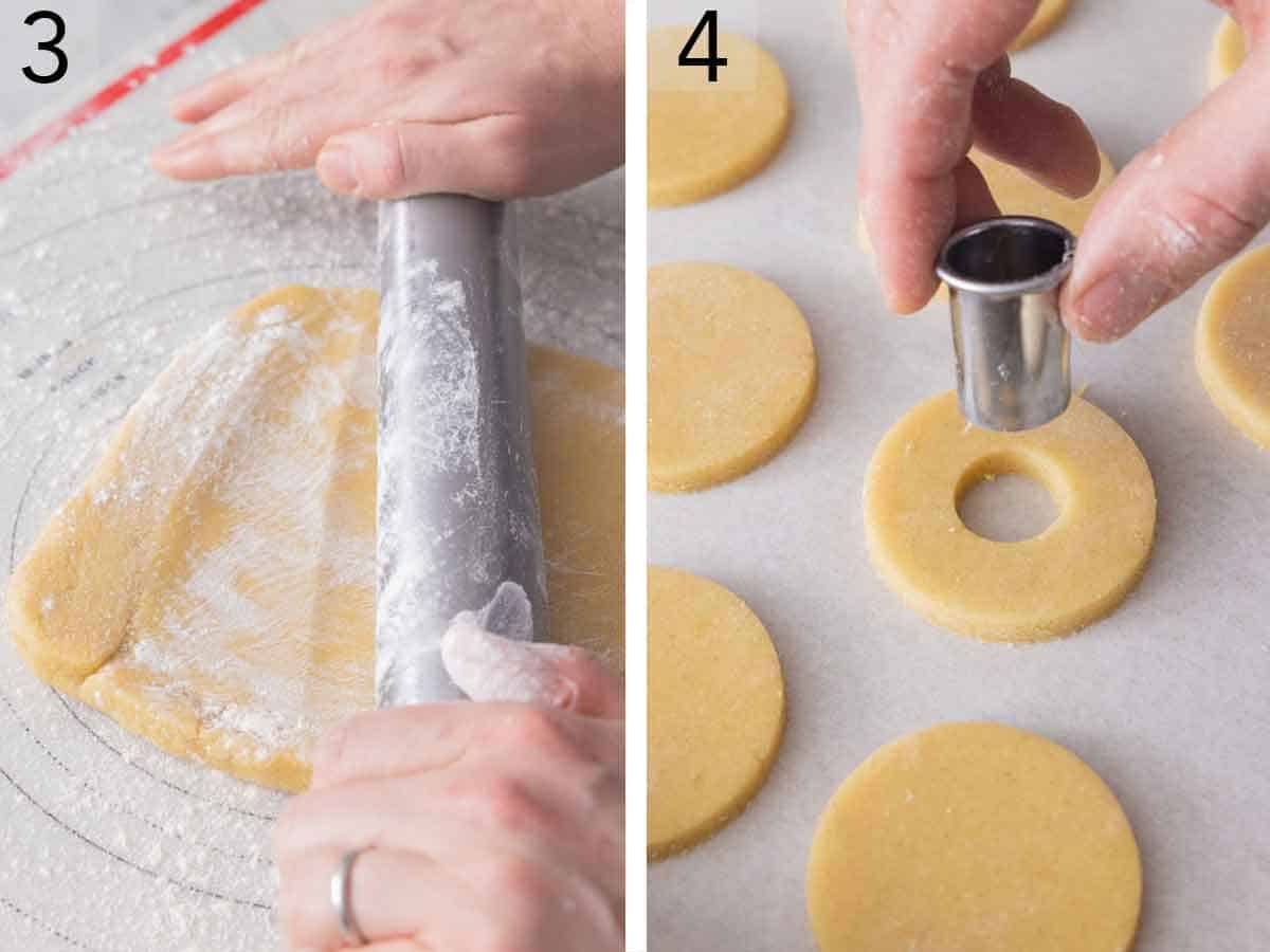Set of two photos showing dough rolled and cut with a cookie cutter.