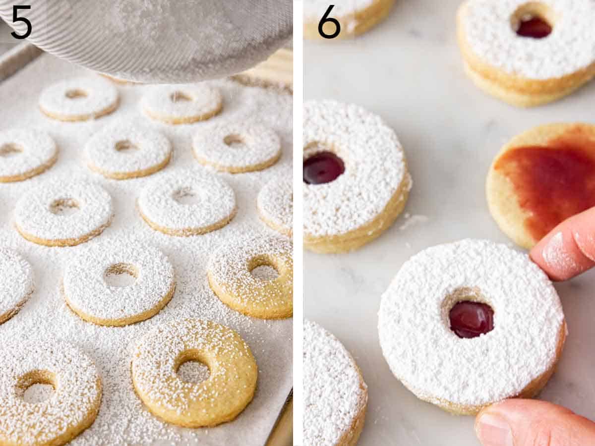 Set of two photos showing the cookies dusted with sugar and assembled.