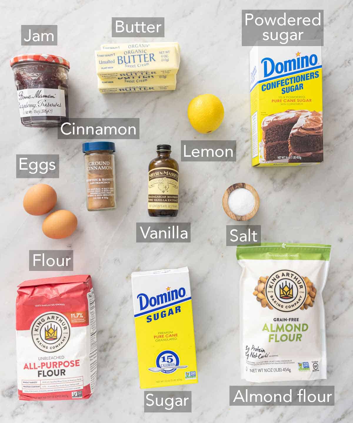 Ingredients needed to make linzer cookies.