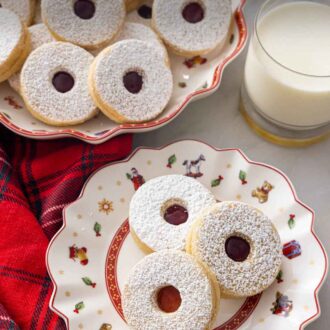 Pinterest graphic of a plate with three linzer cookies by a platter with more.