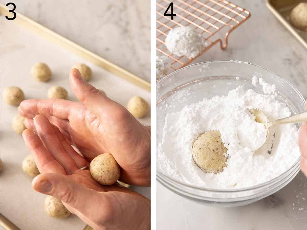 Set of two photo showing the dough being rolled then tossed in powdered sugar.