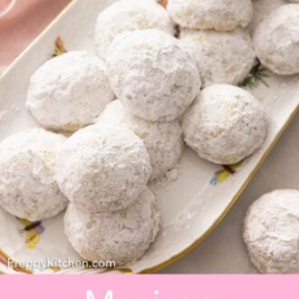 Pinterest graphic of a platter of Mexican wedding cookies.