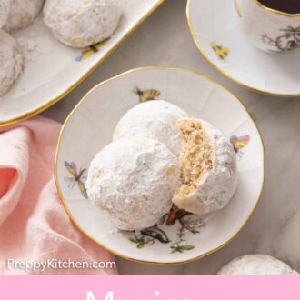Pinterest graphic of a plate with three Mexican wedding cookies, one with a bite taken out.