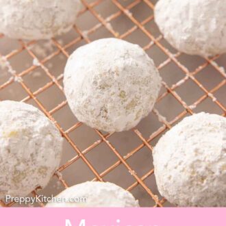 Pinterest graphic of Mexican wedding cookies on a cooling rack.