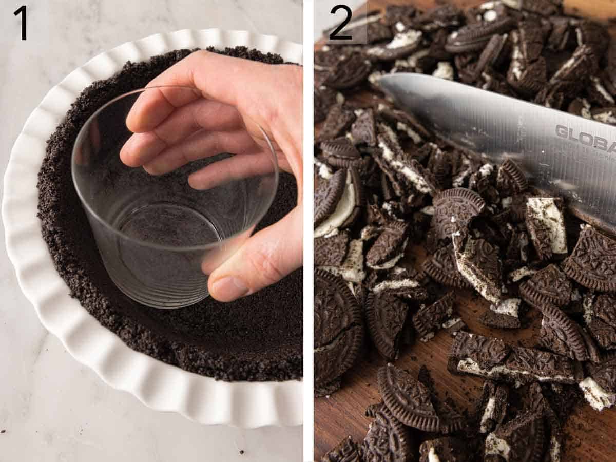 Set of two photos showing a crust being pressed and Oreos being chopped.