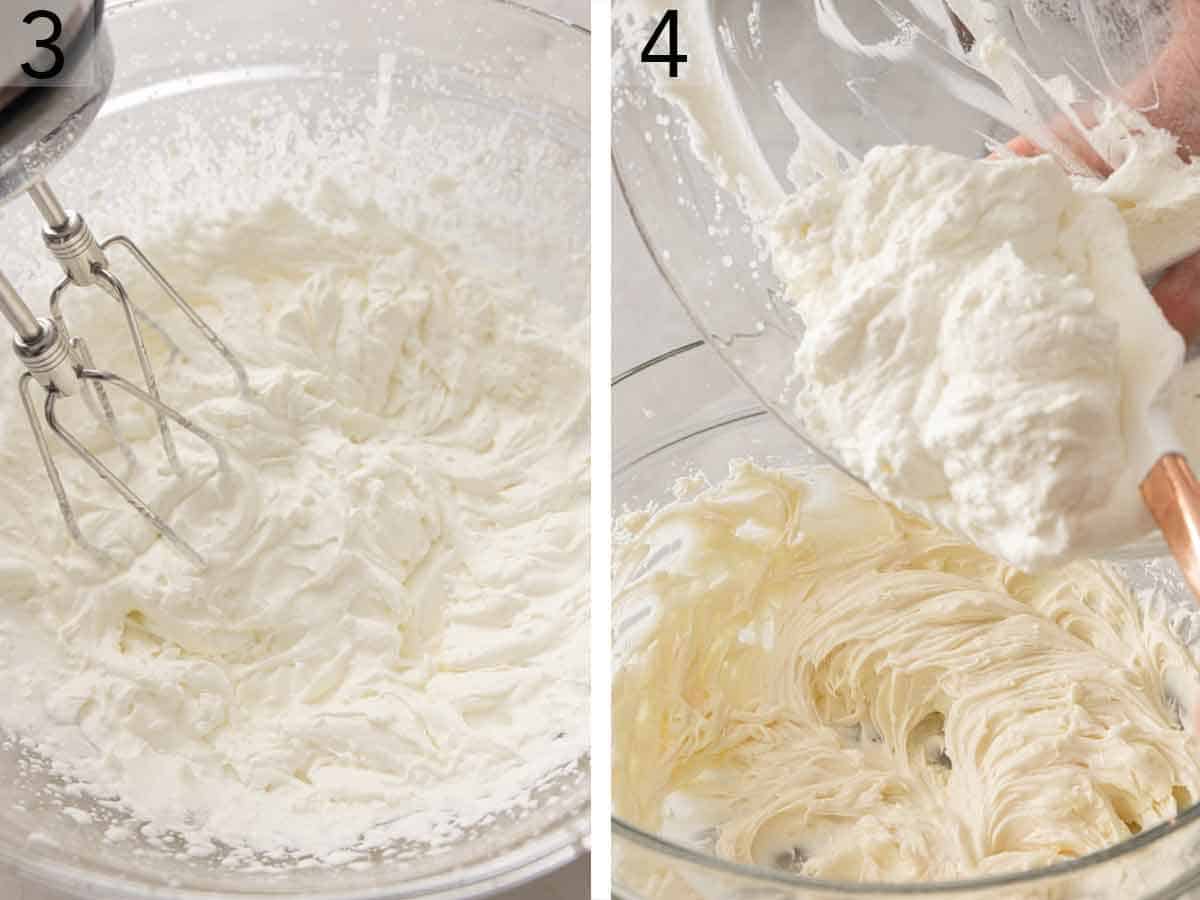 Set of two photos showing cream beat and added to beaten cream cheese.