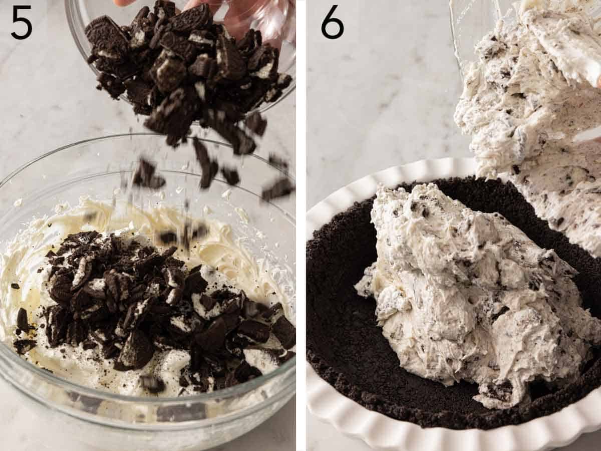 Set of two photos showing chopped Oreos added to the filling and then transferred to the crust.