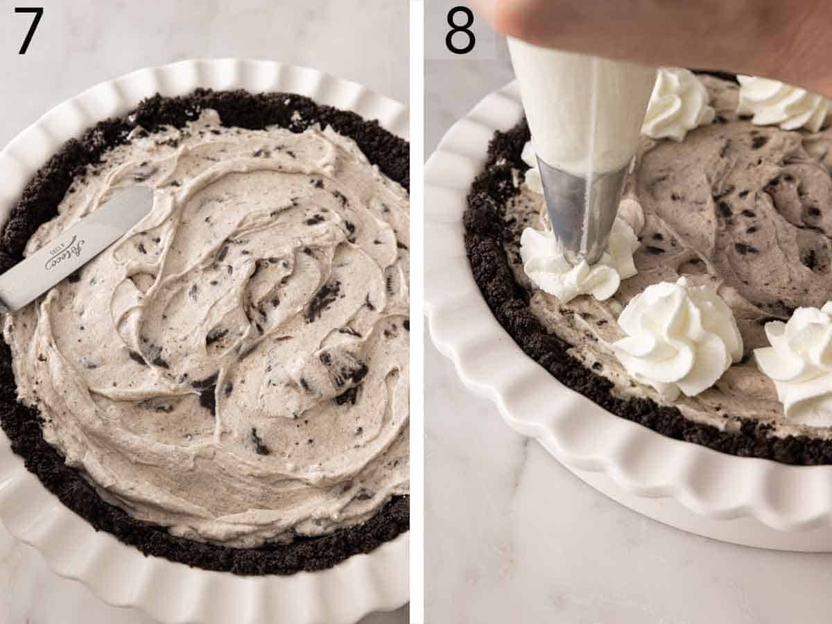 Set of two photo showing filling smoothed then whipped cream piped on top.