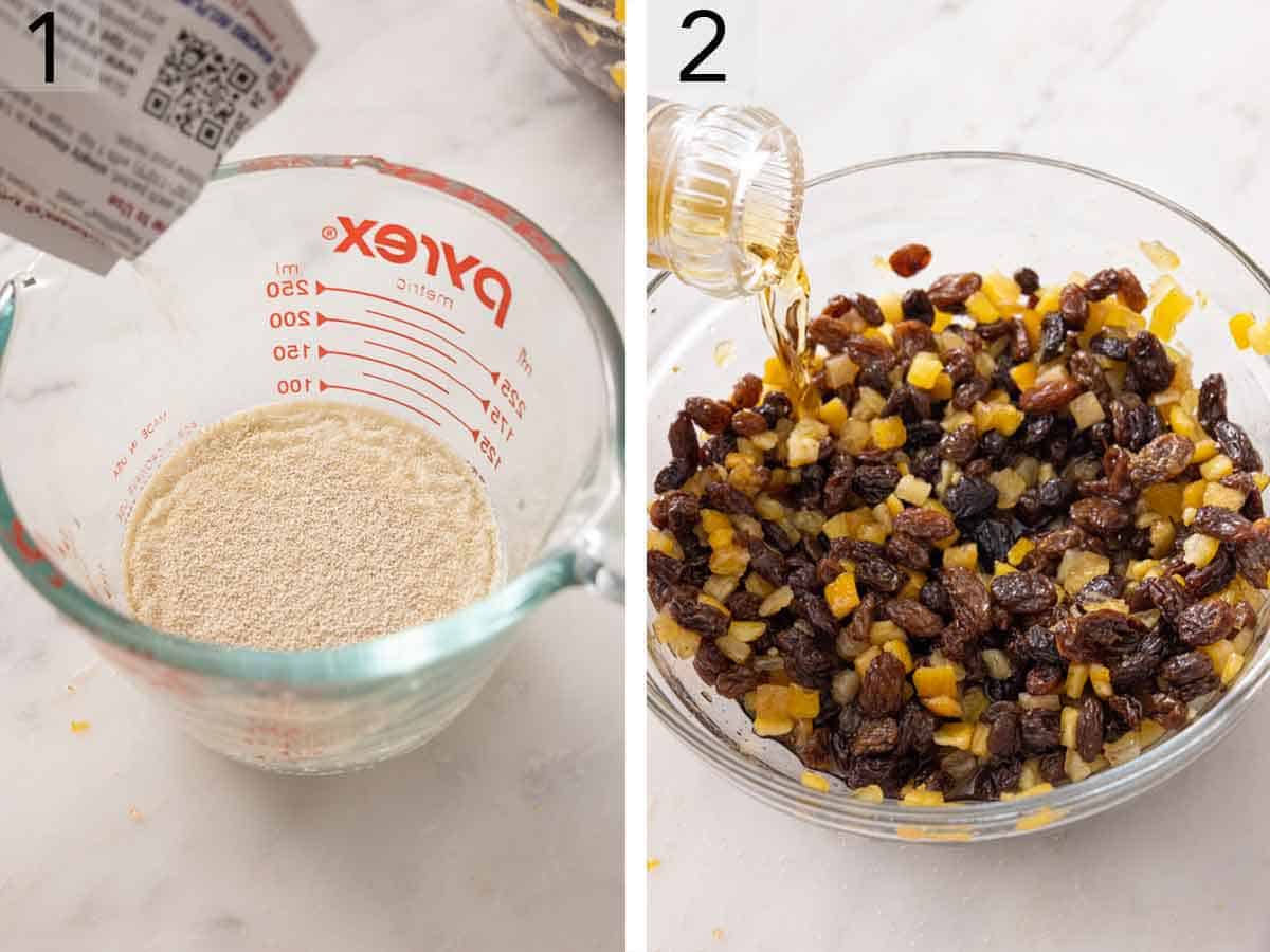 Set of two photos showing yeast added to a measuring cup and rum added to the dried fruit.