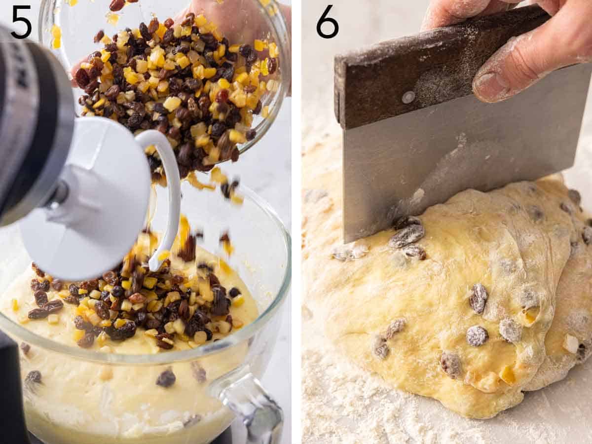 Set of two photos showing soaked fruit added to the dough and then cut in half.
