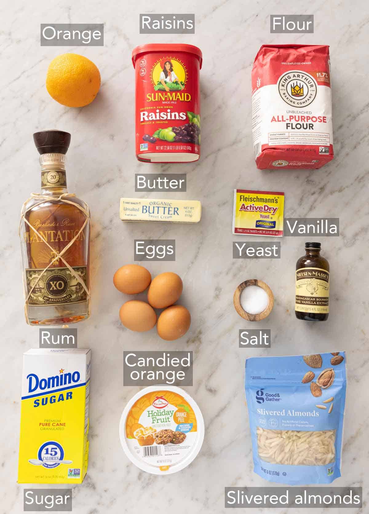 Ingredients needed to make panettone.