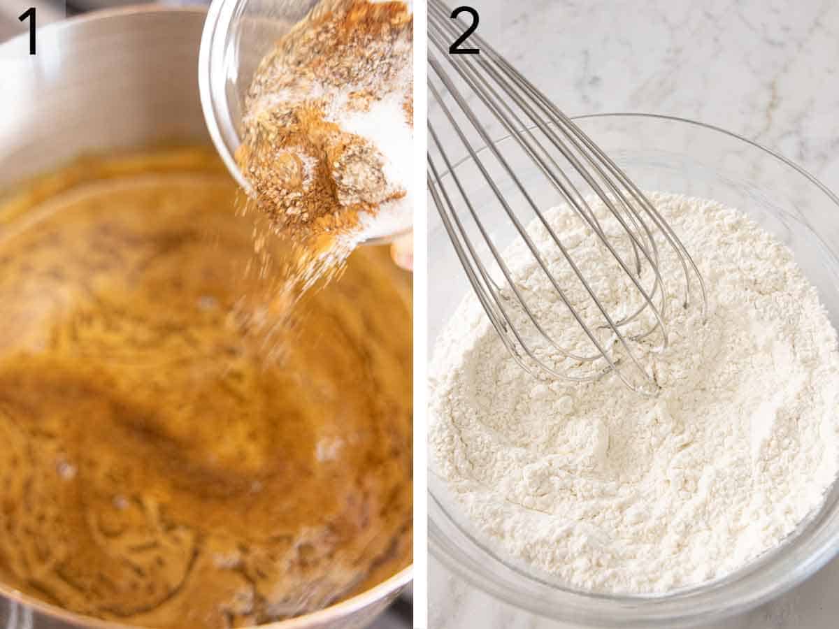 Set of two photo showing spices added to a pot and dry ingredients whisked.