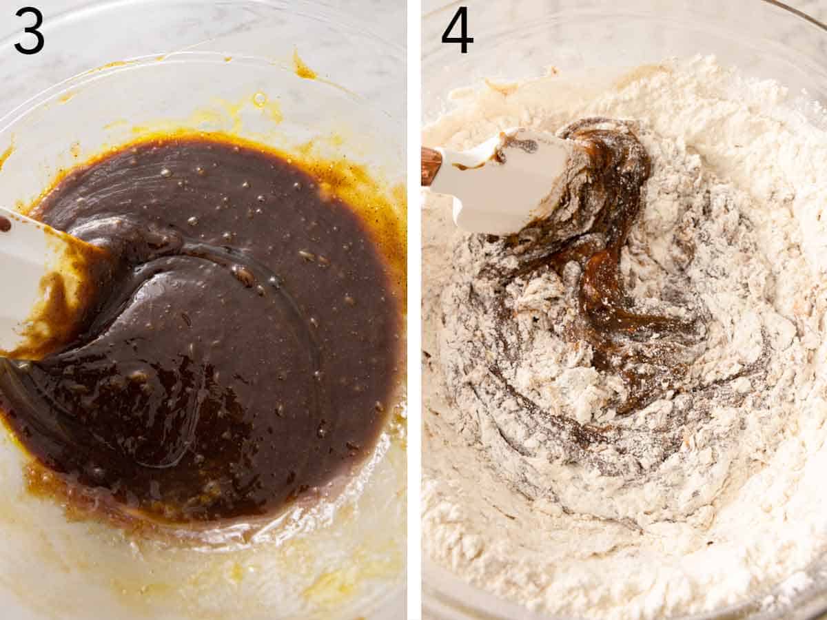 Set of two photo showing wet ingredients mixed then combined with dry ingredients.