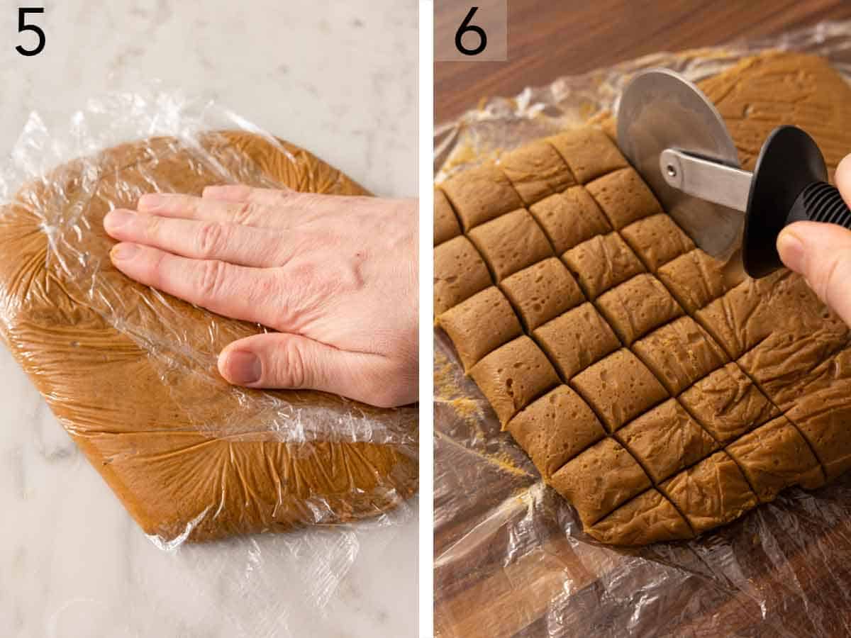Set of two photo showing dough wrapped in plastic before being cut.