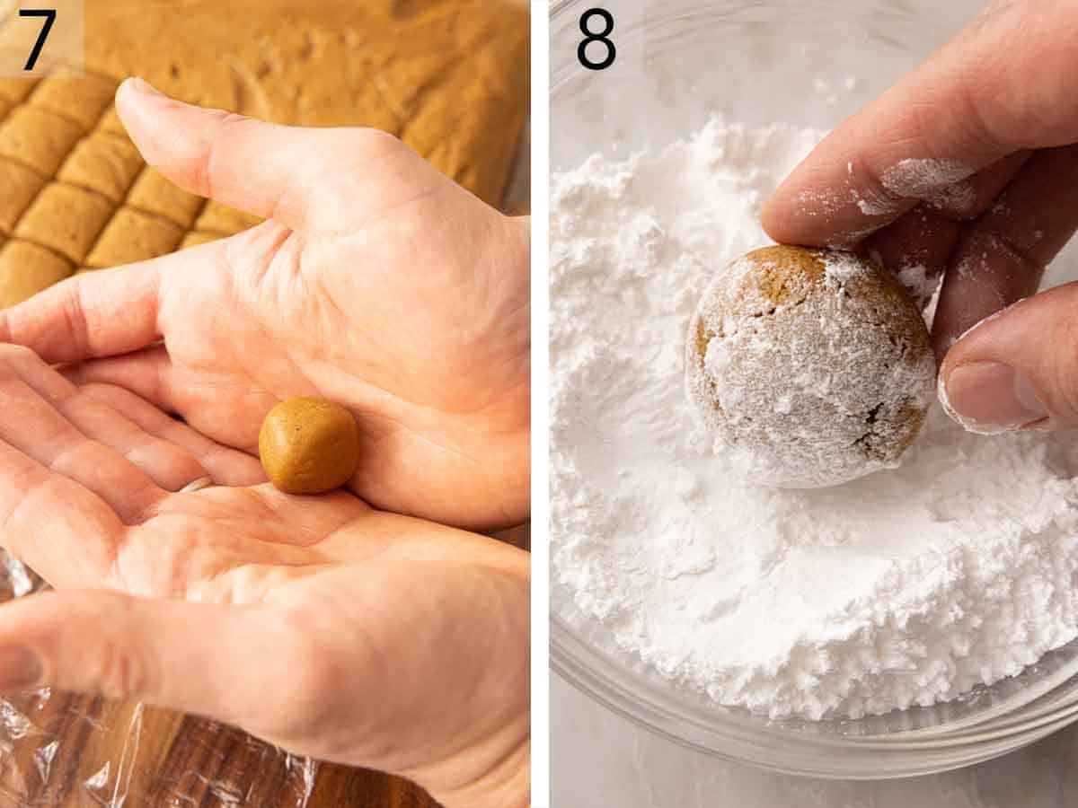 Set of two photos showing dough rolled and coated in powdered sugar.