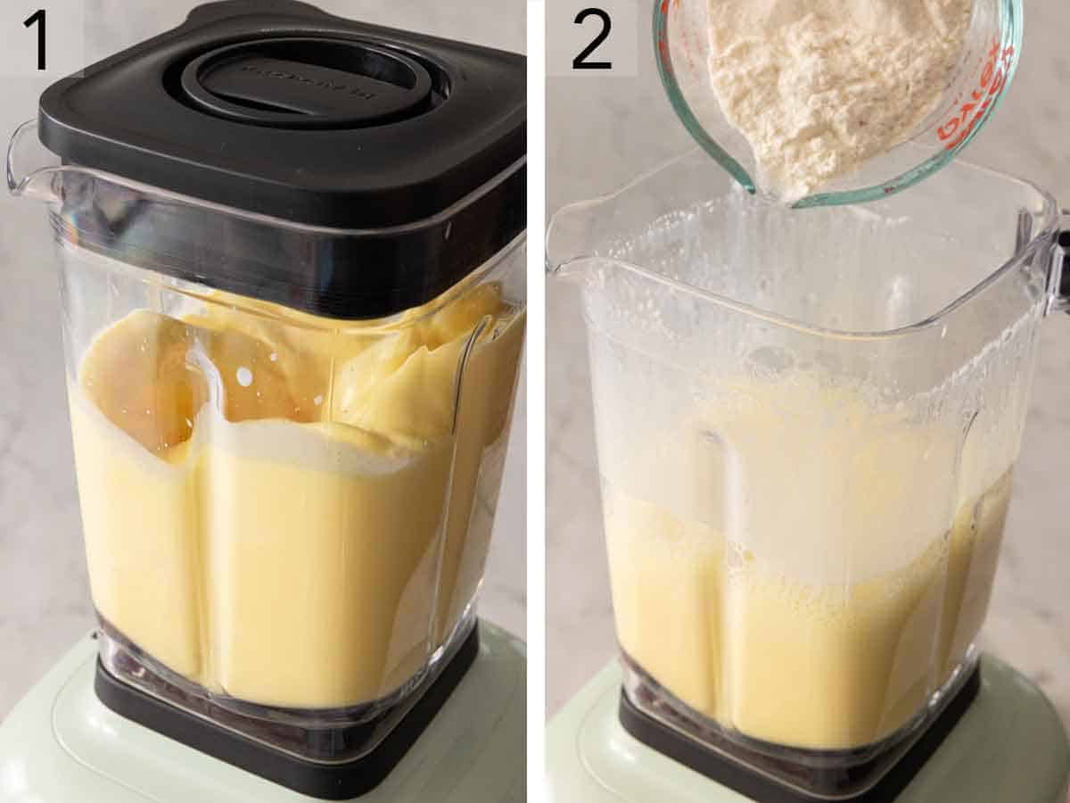 Set of two photos showing eggs, milk, and salt blended in a blender before flour is added.