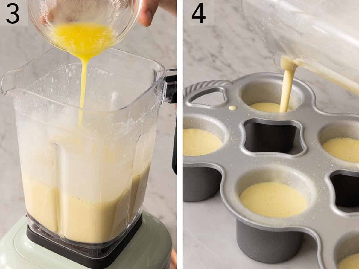 Set of two photos showing melted butter added to the blender then the mixture transferred to a popover pan.
