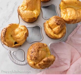Pinterest graphic of an overhead view of popovers in the pan.