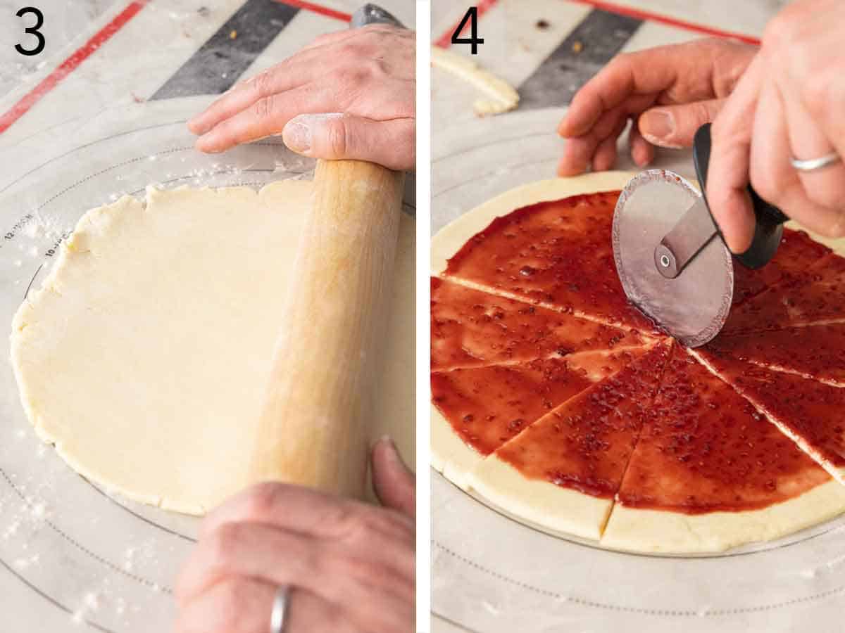 Set of two photos showing dough rolled and then cut with jam on it.