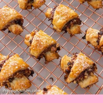 Pinterest graphic of a cooling rack with rugelach on them.