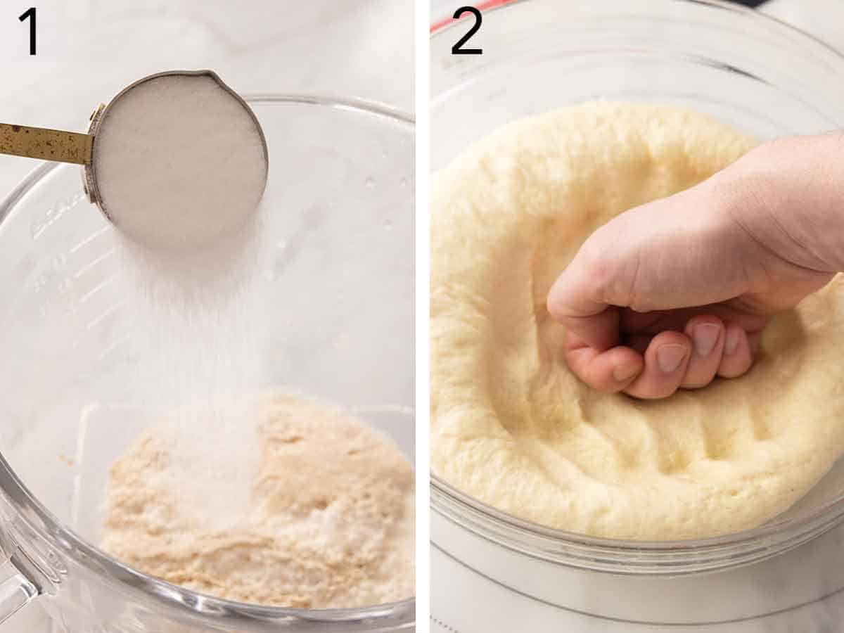 Set of two photos showing sugar added to yeast mixture and dough being punched down.