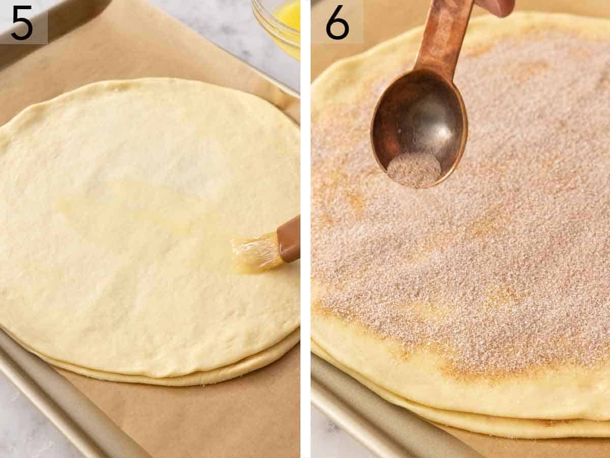 Set of two photos showing the top of rolled dough brushed with butter and more cinnamon sugar added.