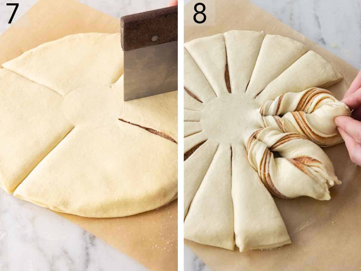 Set of two photos showing dough cut and twisted.