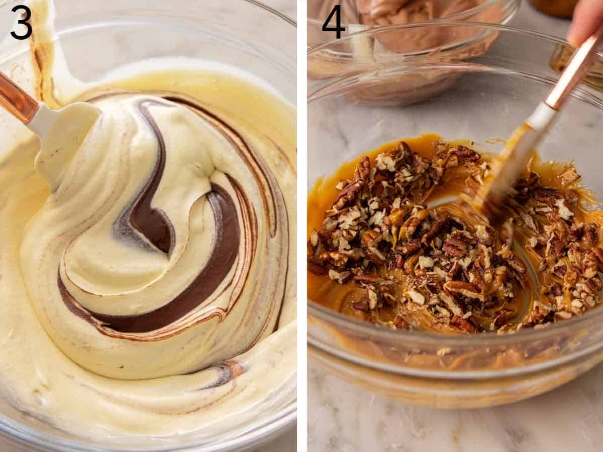 Set of two photo showing cream cheese mixed with chocolate and pecans mixed with caramel.