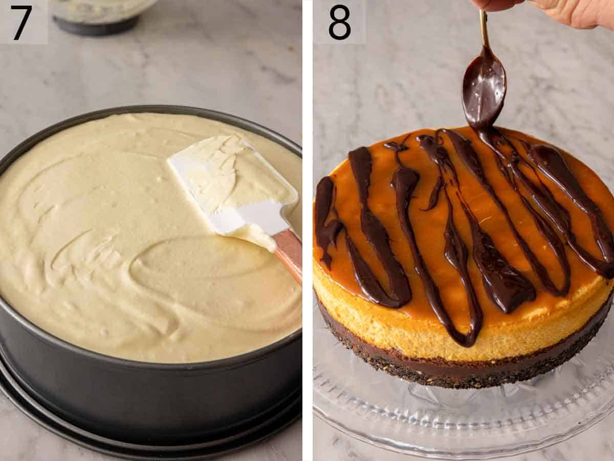 Set of two photo showing cheesecake filling added and then topped with caramel and chocolate.