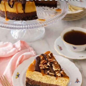 Pinterest graphic of a slice of turtle cheesecake in front of the cut cake.