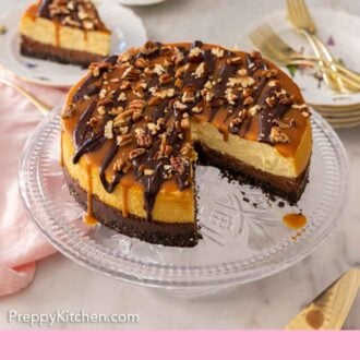 Pinterest graphic of a cut turtle cheesecake on a cake stand.
