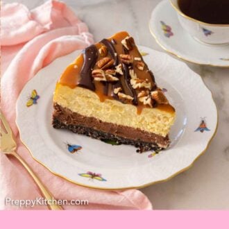 Pinterest graphic of a slice of turtle cheesecake.