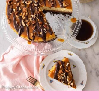 Pinterest graphic of an overhead view of a cut turtle cheesecake with a plated slice beside it.