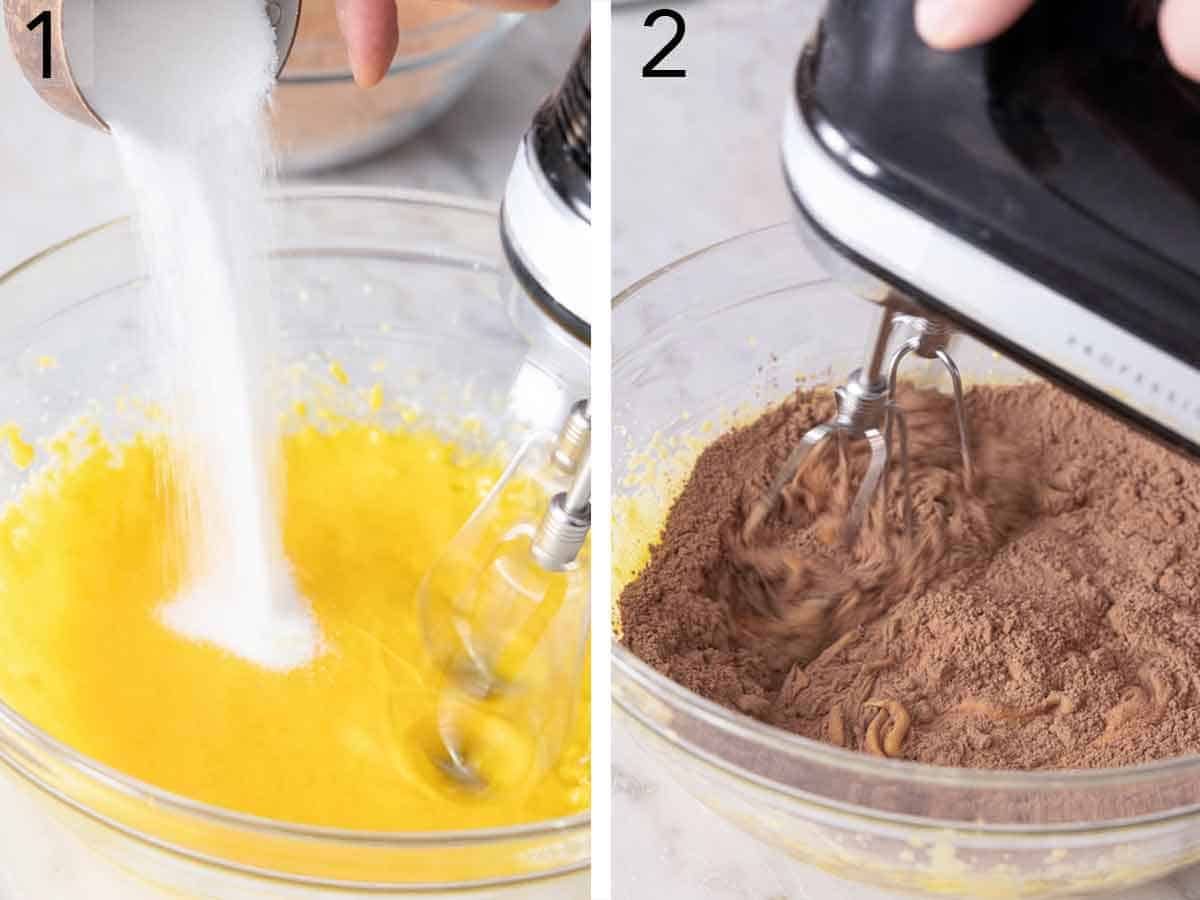 Set of two photos showing sugar added to egg mixture and then combined with a flour mixture.