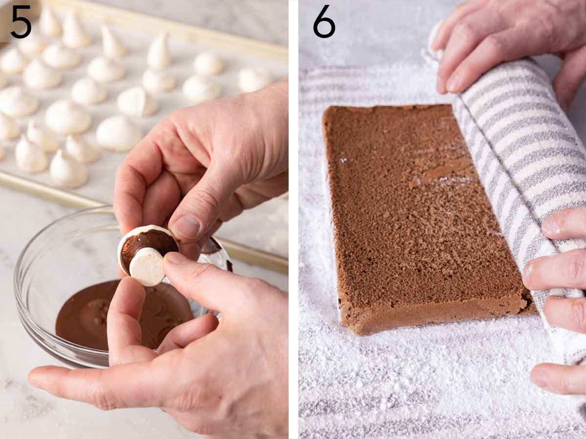 Set of two photos showing the meringue mushrooms being assembled and caked being rolled.