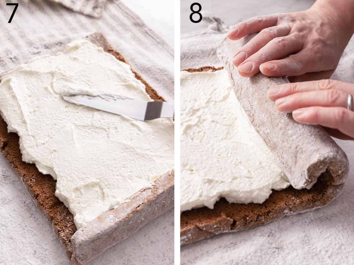 Set of two photos showing the whipped filling spread onto the cake and rerolled.
