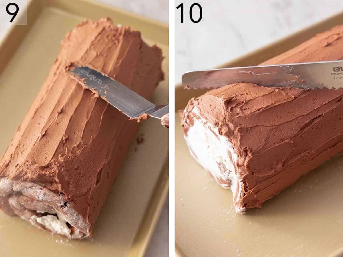 Set of two photos showing frosting being spread onto the log and then cut.