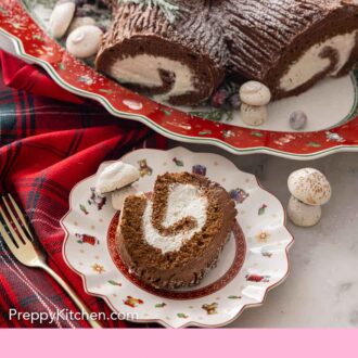 Pinterest graphic of a Yule log cake on a platter with a slice on a plate in front.
