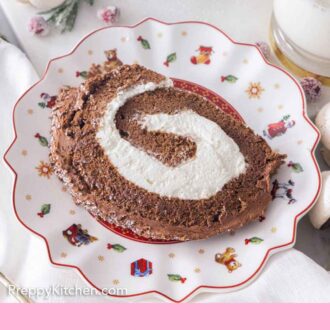 Pinterest graphic of a slice of Yule log cake on a plate.