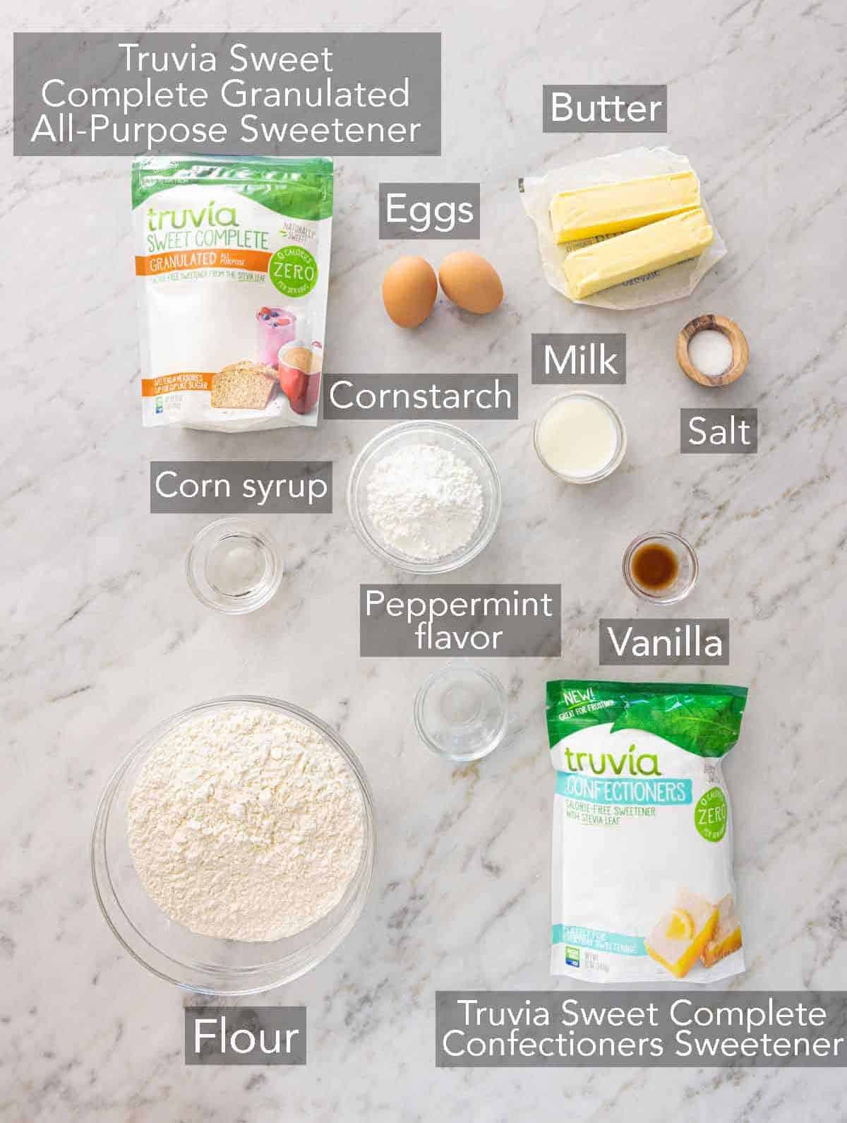 Ingredients needed to make peppermint cookies.