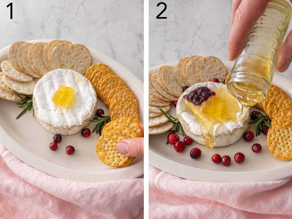 Set of two photos showing crackers added around a wheel of cheese, then honey poured on top.
