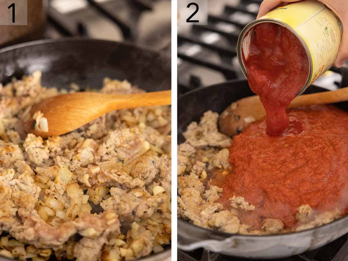 Set of two photos showing ground sausage cooked and tomato sauce added to the pan.