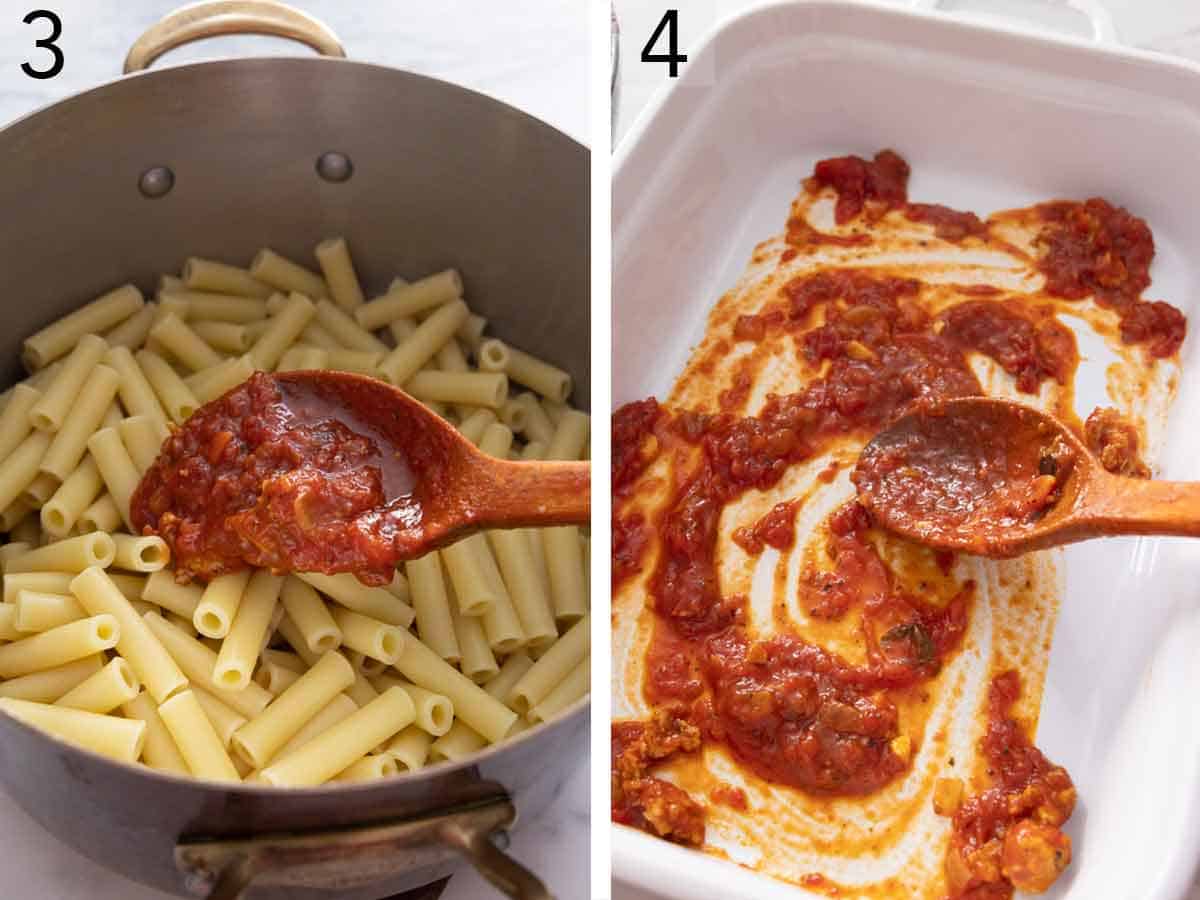 Set of two photos showing sauce added to pasta and sauce spread in a baking dish.