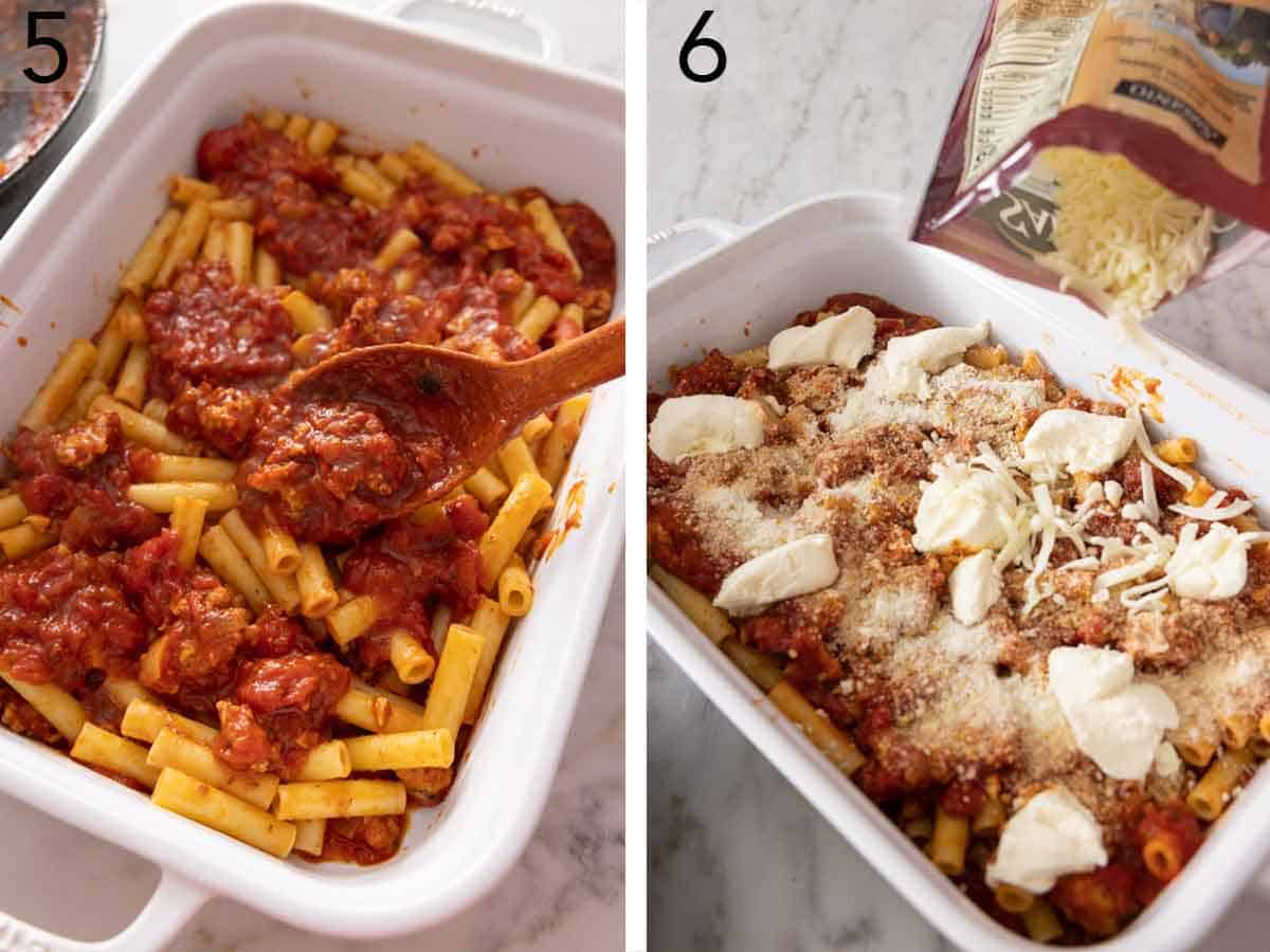 Set of two photos showing half the pasta, sauce, and cheese added to the baking dish.