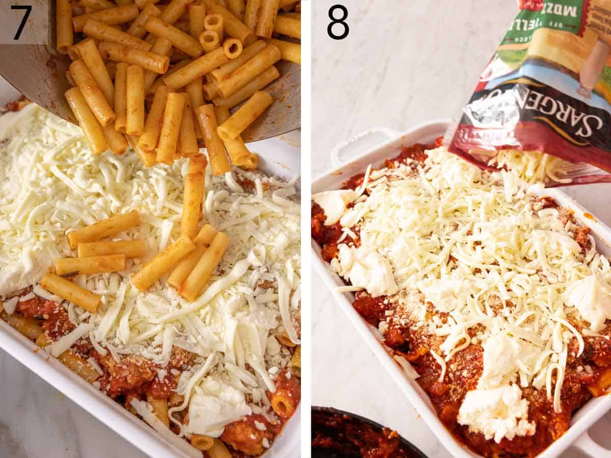 Set of two photos showing the rest of the pasta, sauce, and cheeses layered in the baking dish.