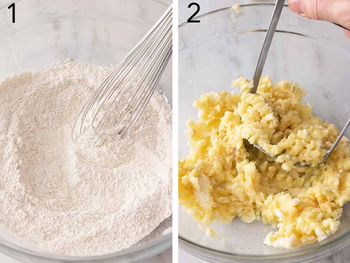 Set of two ingredients showing the dry ingredients whisked and bananas mashed.